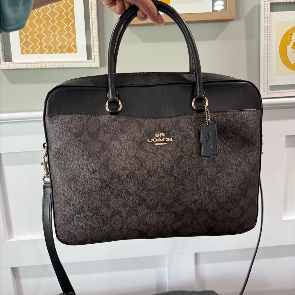 Coach Outlet Brown and Black Logo Laptop Bag